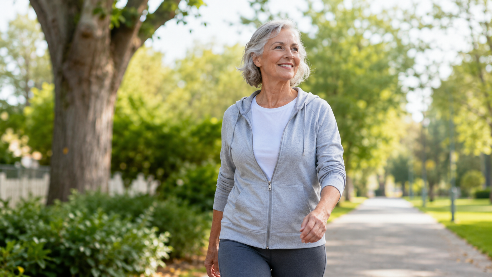 Active mature woman walking outdoors in a park